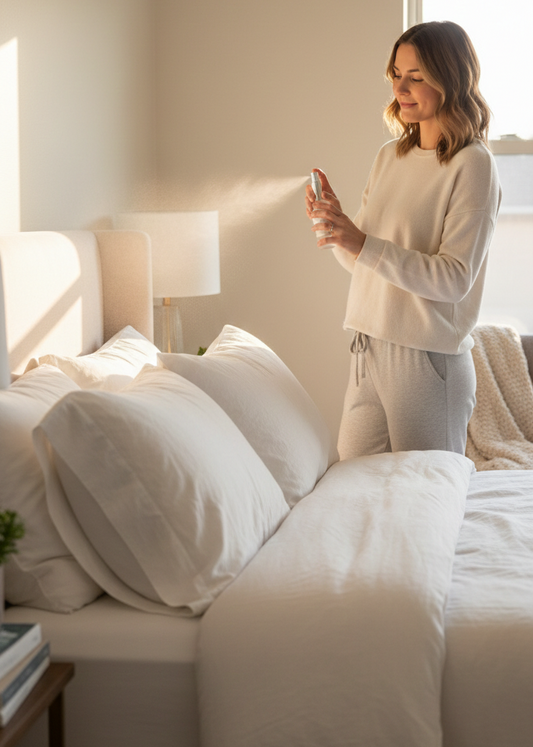 Woman spraying CozyLife Citrus Zen Linen Spray in a bright bedroom