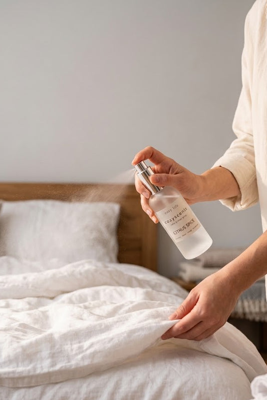 A person in a cream robe sprays a clear bottle of fragrance mist onto a neatly made white bed in a minimalist bedroom. The bottle label reads 'Scent of Nature'.