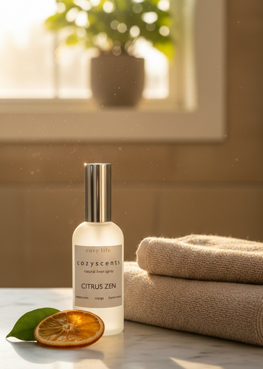 CozyLife Citrus Zen Linen Spray bottle on a counter with towels and a plant in the background