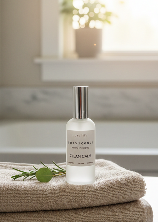 Bottle of CozyLife Clean Calm Linen Spray on folded towels with a blurred bathroom background