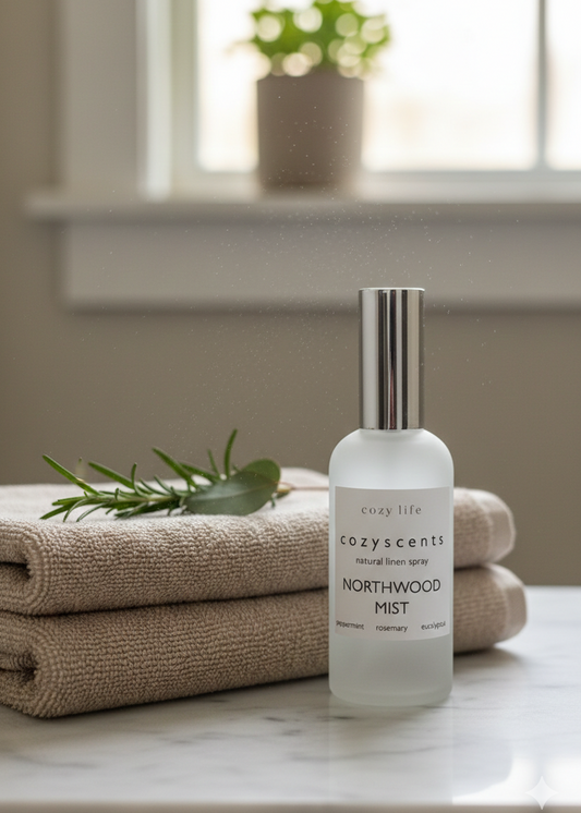 CozyLife Northwood Mist Linen Spray bottle on folded towels with a plant in the background